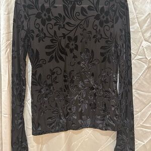 Fitted Black Long Sleeve Blouse with Floral Texture